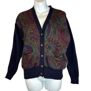 VTG Ralph Lauren Women's 100% Wool Paisley Front Cardigan Sweater Scarf Print M